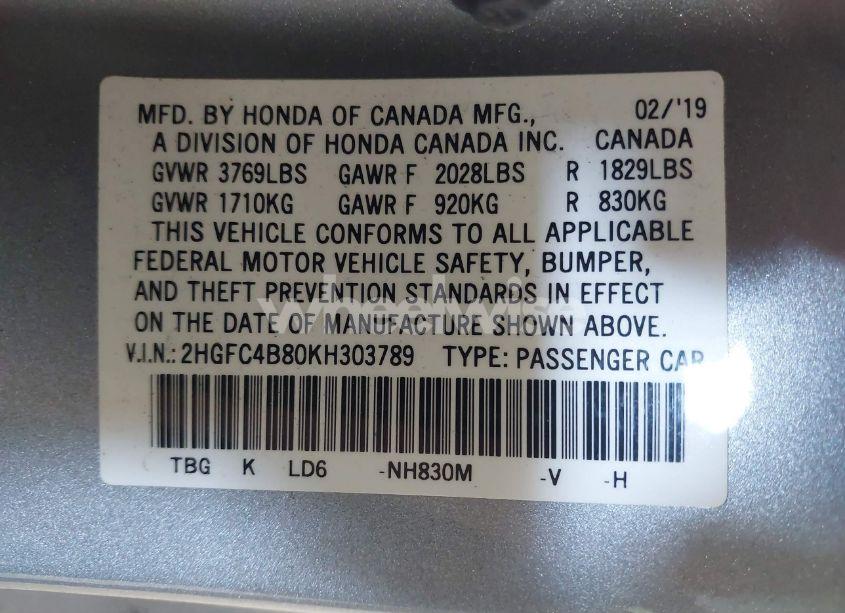 Photo 9 of 2019 Honda Civic SPORT (VIN 2HGFC4B80KH303789)