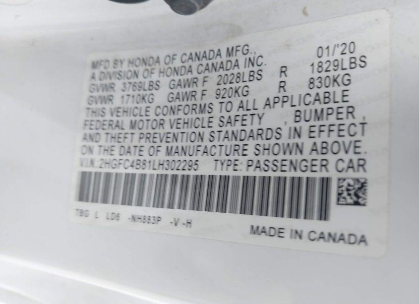 Photo 9 of 2020 Honda Civic SPORT (VIN 2HGFC4B81LH302295)