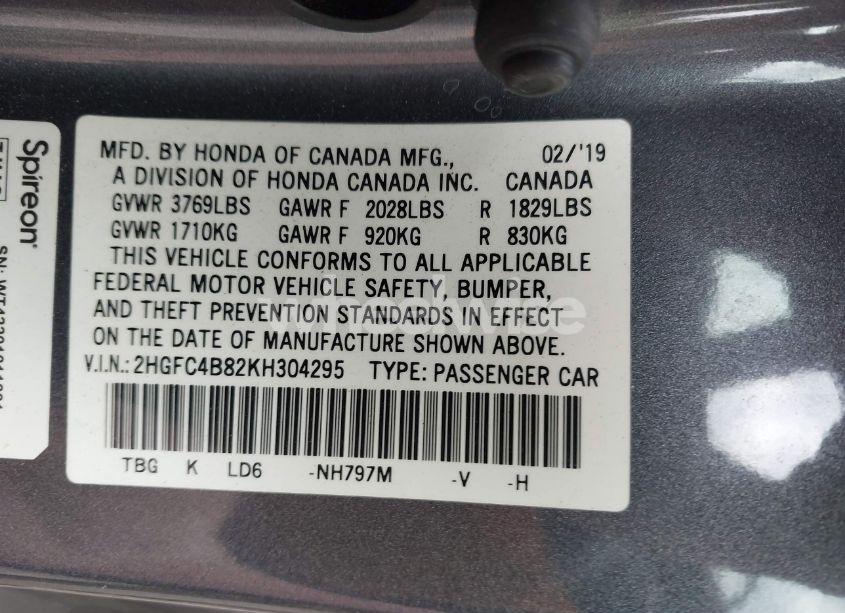 Photo 9 of 2019 Honda Civic SPORT (VIN 2HGFC4B82KH304295)