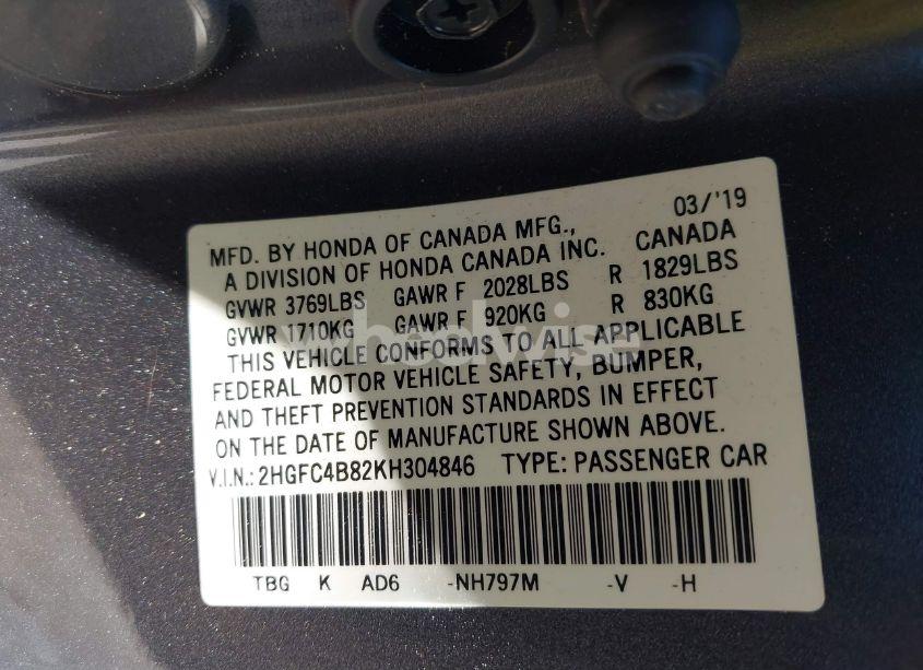 Photo 9 of 2019 Honda Civic SPORT (VIN 2HGFC4B82KH304846)