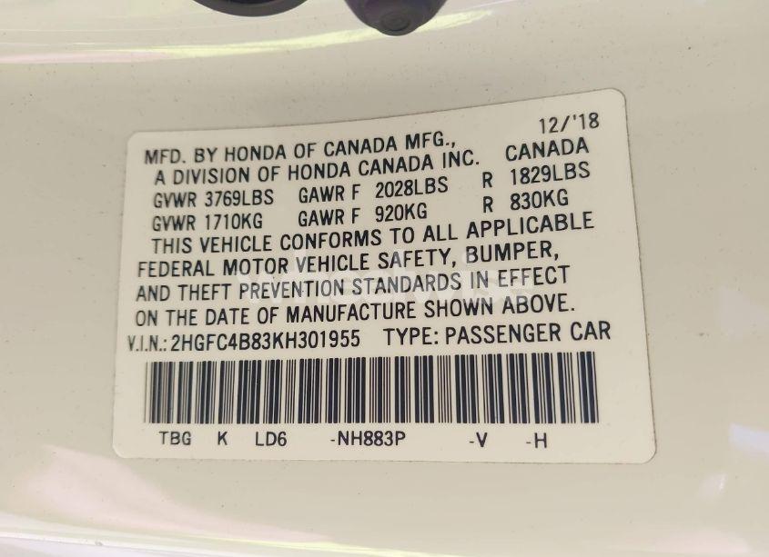 Photo 9 of 2019 Honda Civic SPORT (VIN 2HGFC4B83KH301955)