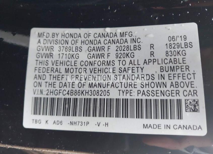 Photo 9 of 2019 Honda Civic SPORT (VIN 2HGFC4B86KH308205)