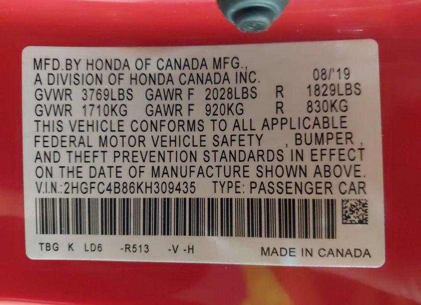 Photo 9 of 2019 Honda Civic SPORT (VIN 2HGFC4B86KH309435)