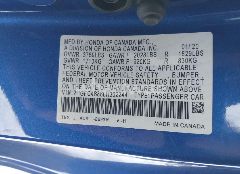 Photo 9 of 2020 Honda Civic SPORT (VIN 2HGFC4B86LH302244)