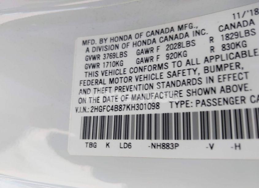 Photo 9 of 2019 Honda Civic SPORT (VIN 2HGFC4B87KH301098)