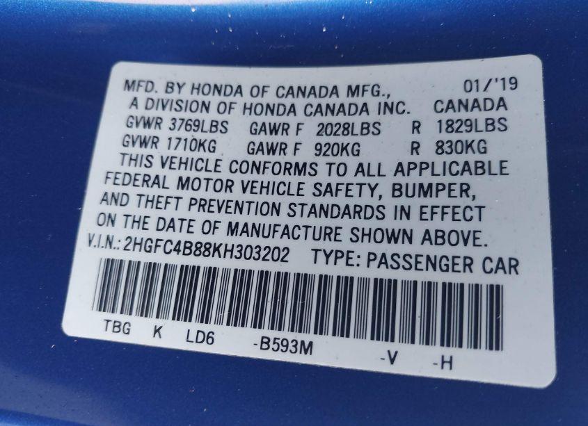 Photo 9 of 2019 Honda Civic SPORT (VIN 2HGFC4B88KH303202)