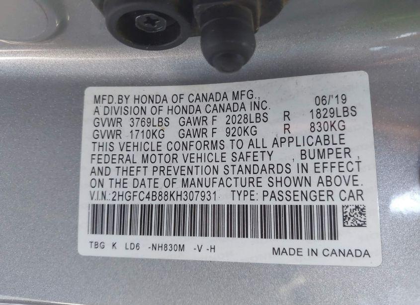 Photo 9 of 2019 Honda Civic SPORT (VIN 2HGFC4B88KH307931)