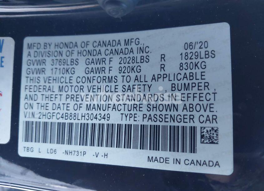 Photo 9 of 2020 Honda Civic SPORT (VIN 2HGFC4B88LH304349)