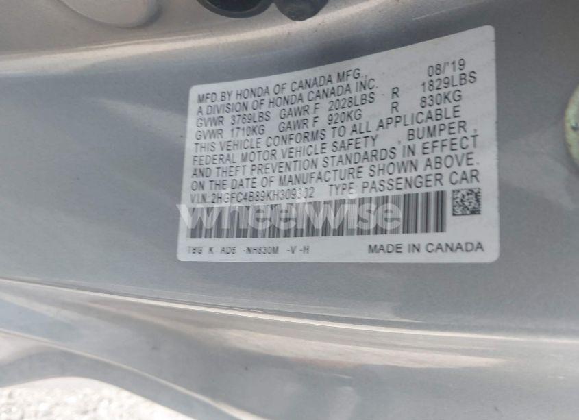 Photo 9 of 2019 Honda Civic SPORT (VIN 2HGFC4B89KH309302)