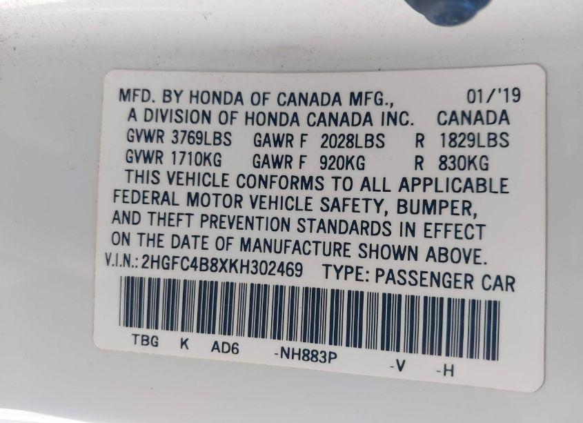 Photo 9 of 2019 Honda Civic SPORT (VIN 2HGFC4B8XKH302469)