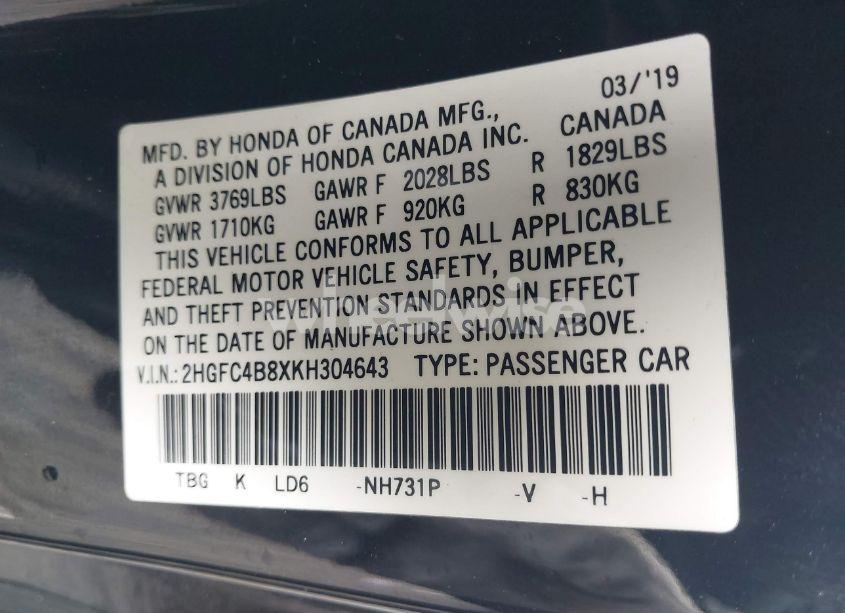 Photo 9 of 2019 Honda Civic SPORT (VIN 2HGFC4B8XKH304643)