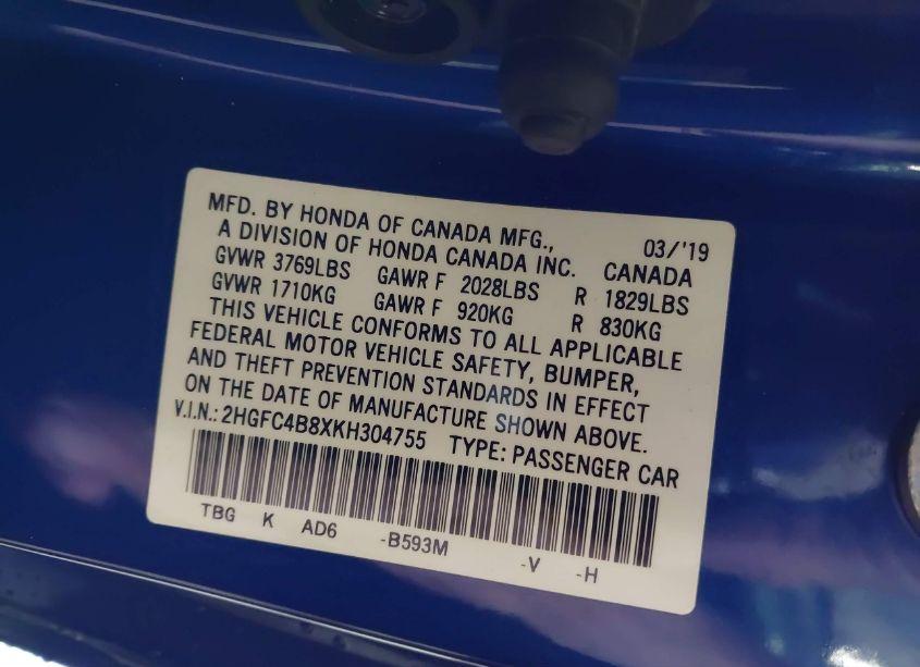 Photo 9 of 2019 Honda Civic SPORT (VIN 2HGFC4B8XKH304755)