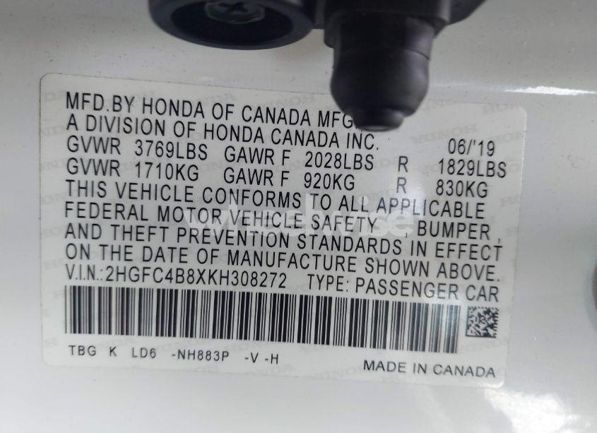 Photo 9 of 2019 Honda Civic SPORT (VIN 2HGFC4B8XKH308272)