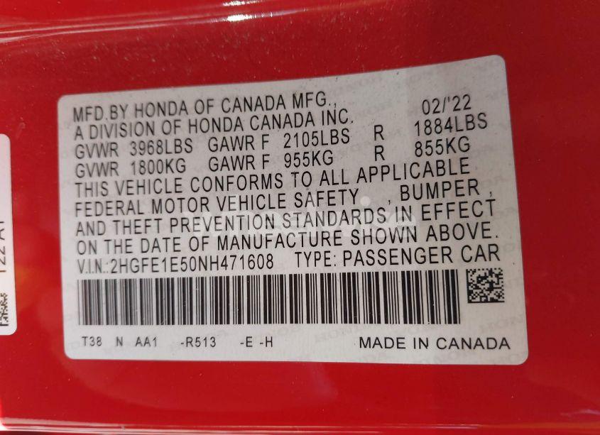 Photo 9 of 2022 Honda Civic SI SEDAN (VIN 2HGFE1E50NH471608)