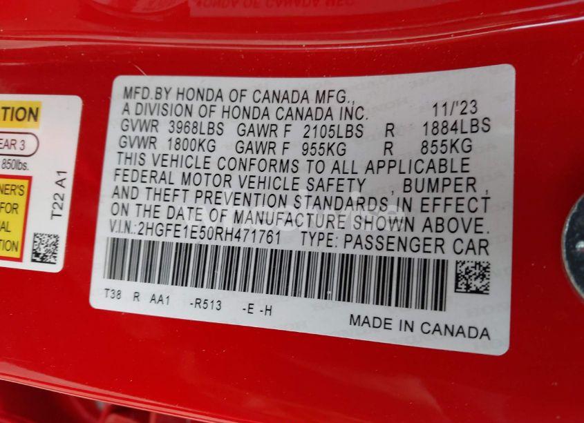 Photo 9 of 2024 Honda Civic SI SEDAN (VIN 2HGFE1E50RH471761)