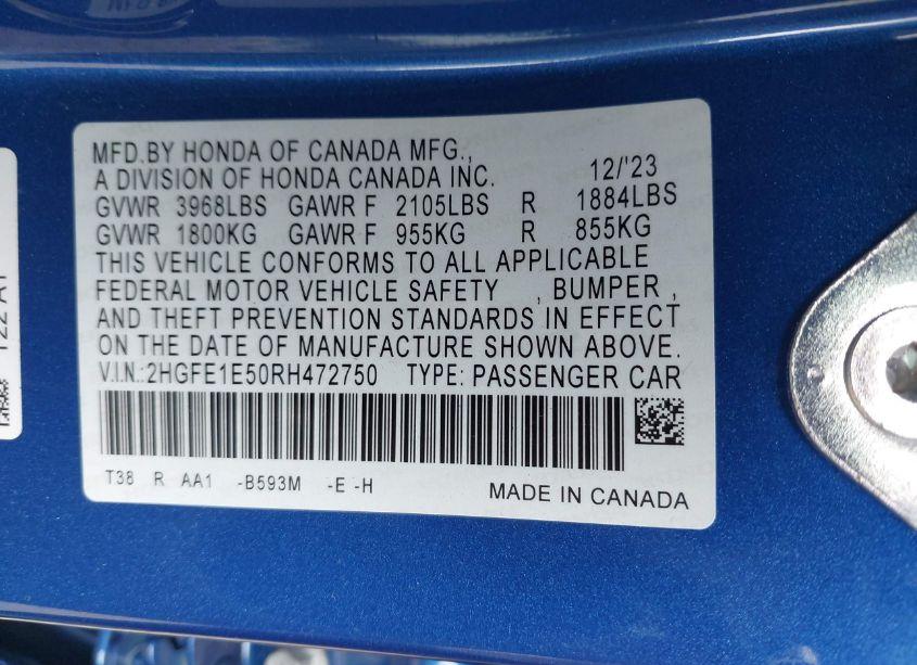 Photo 9 of 2024 Honda Civic SI SEDAN (VIN 2HGFE1E50RH472750)