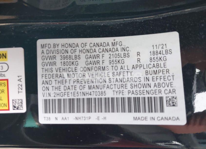 Photo 9 of 2022 Honda Civic SI SEDAN (VIN 2HGFE1E51NH470385)