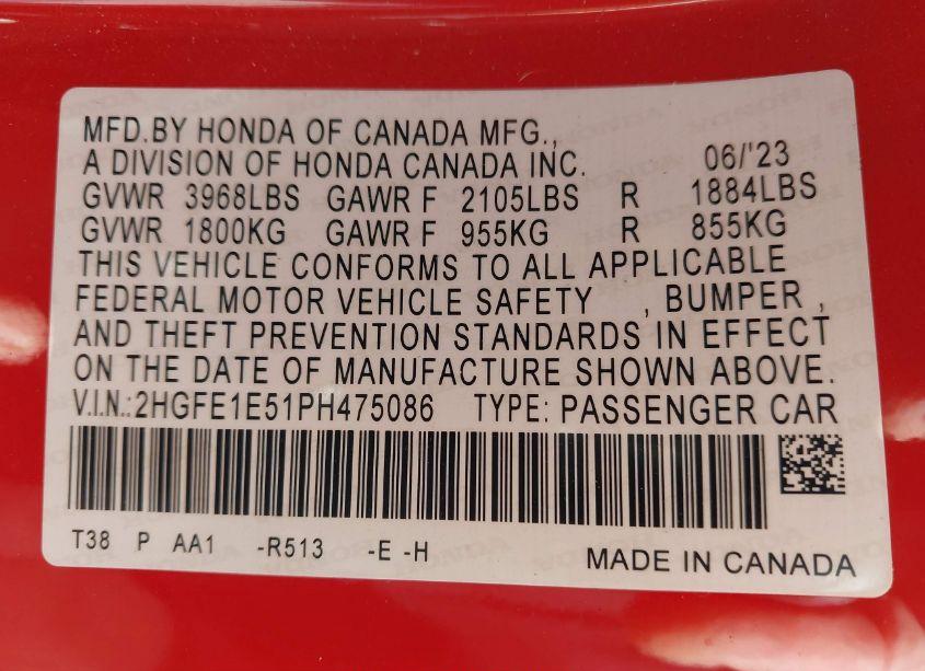 Photo 9 of 2023 Honda Civic SI SEDAN (VIN 2HGFE1E51PH475086)