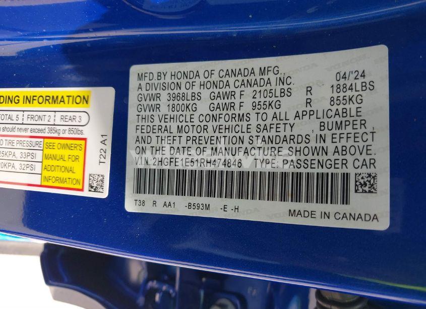 Photo 9 of 2024 Honda Civic SI SEDAN (VIN 2HGFE1E51RH474846)