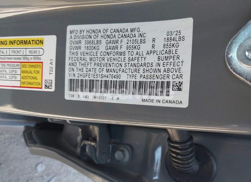 Photo 9 of 2025 Honda Civic SI BASE W/HIGH PERFORMANCE SUMMER TIRES/ (VIN 2HGFE1E51SH476490)