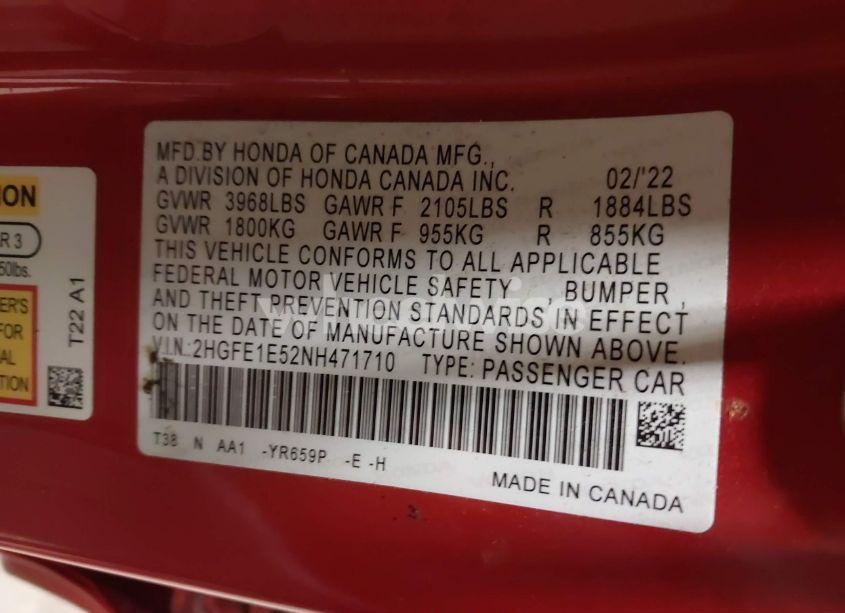 Photo 9 of 2022 Honda Civic SI SEDAN (VIN 2HGFE1E52NH471710)