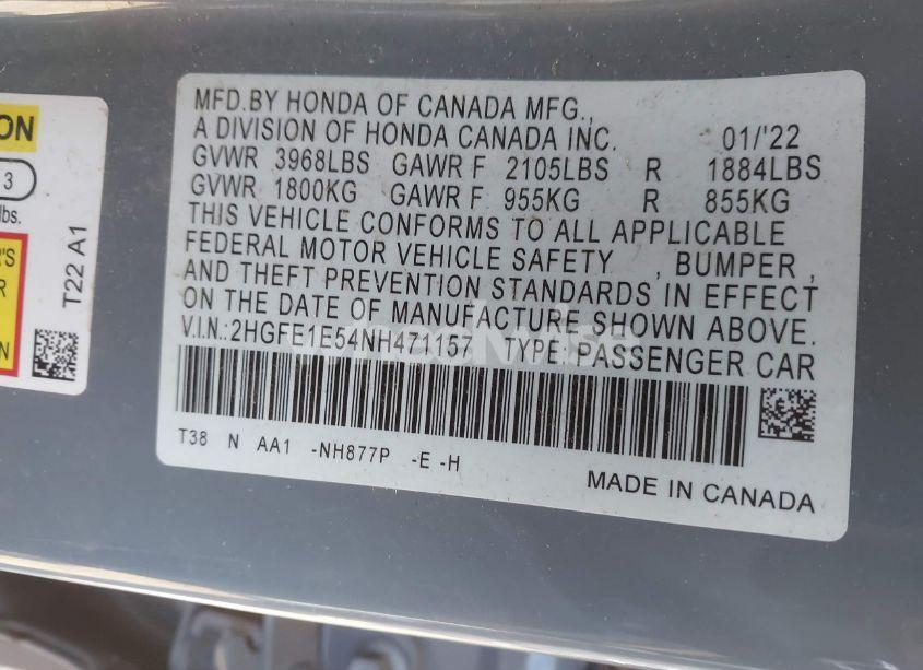 Photo 9 of 2022 Honda Civic SI SEDAN (VIN 2HGFE1E54NH471157)