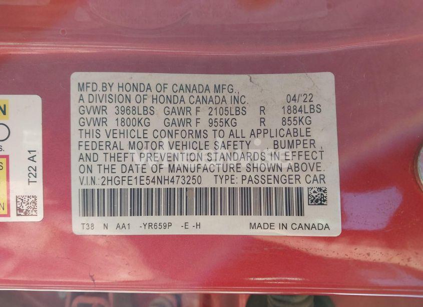 Photo 9 of 2022 Honda Civic SI SEDAN (VIN 2HGFE1E54NH473250)