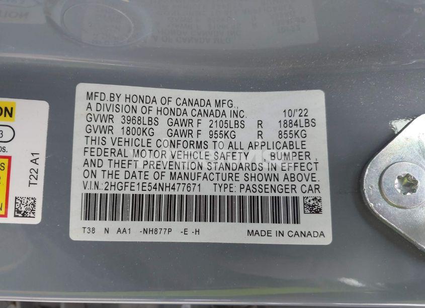 Photo 9 of 2022 Honda Civic SI SEDAN (VIN 2HGFE1E54NH477671)