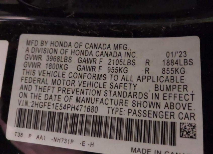 Photo 9 of 2023 Honda Civic SI SEDAN (VIN 2HGFE1E54PH471680)
