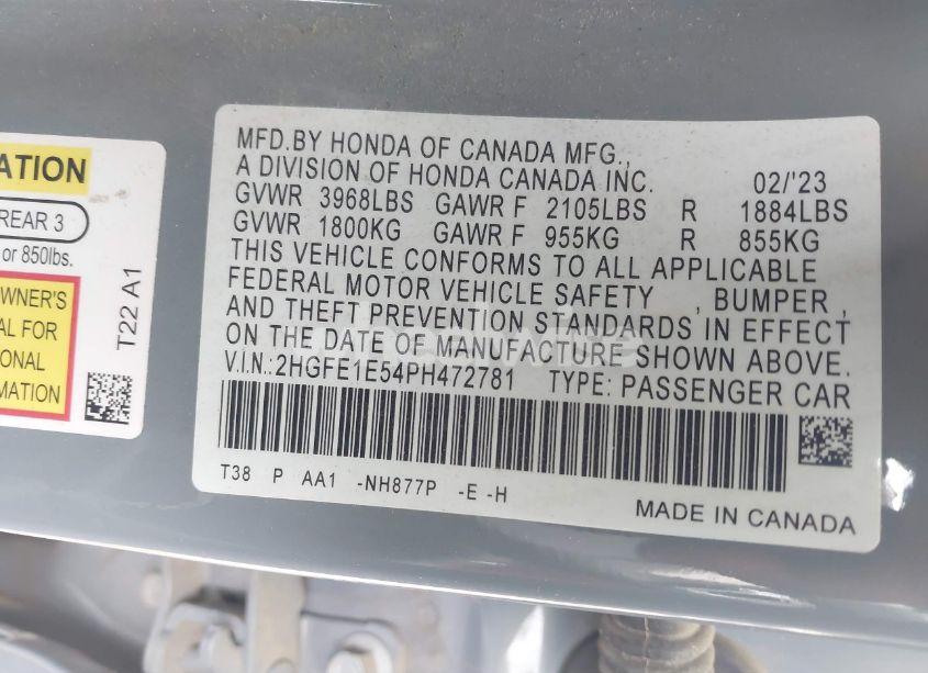 Photo 9 of 2023 Honda Civic SI SEDAN (VIN 2HGFE1E54PH472781)