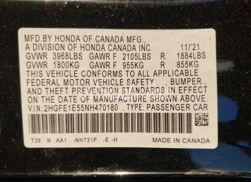 Photo 9 of 2022 Honda Civic SI SEDAN (VIN 2HGFE1E55NH470180)