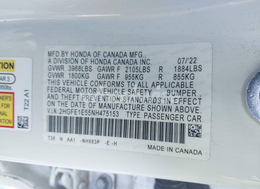 Photo 9 of 2022 Honda Civic SI SEDAN (VIN 2HGFE1E55NH475153)