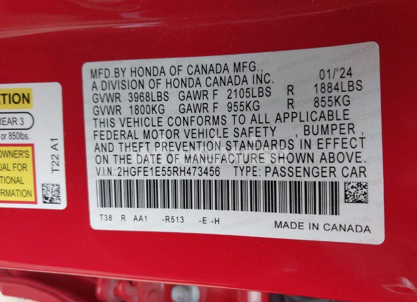 Photo 9 of 2024 Honda Civic SI SEDAN (VIN 2HGFE1E55RH473456)