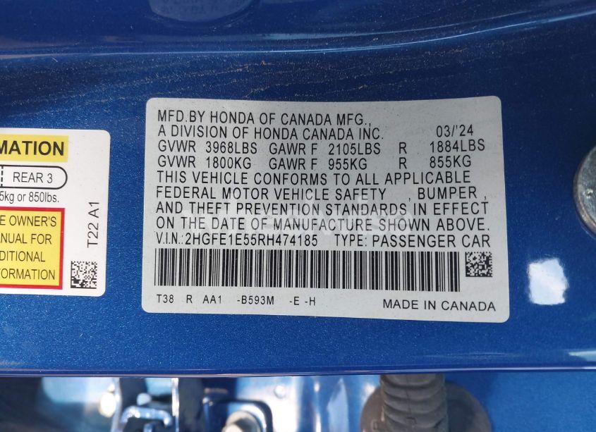 Photo 9 of 2024 Honda Civic SI SEDAN (VIN 2HGFE1E55RH474185)