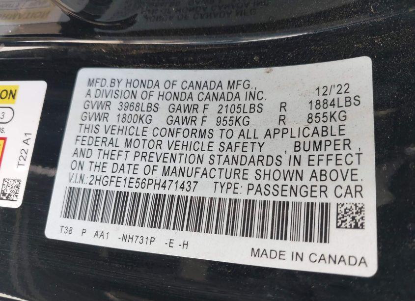 Photo 9 of 2023 Honda Civic SI SEDAN (VIN 2HGFE1E56PH471437)