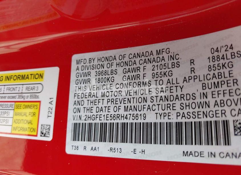 Photo 9 of 2024 Honda Civic SI SEDAN (VIN 2HGFE1E56RH475619)