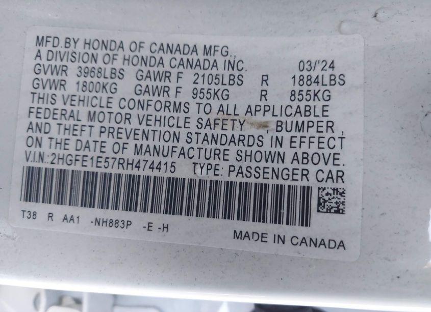Photo 9 of 2024 Honda Civic SI SEDAN (VIN 2HGFE1E57RH474415)