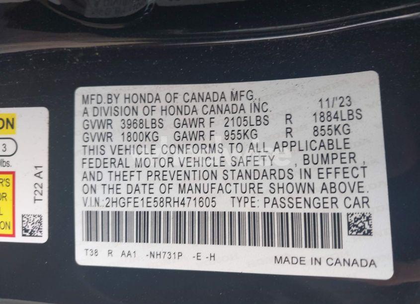 Photo 9 of 2024 Honda Civic SI SEDAN (VIN 2HGFE1E58RH471605)