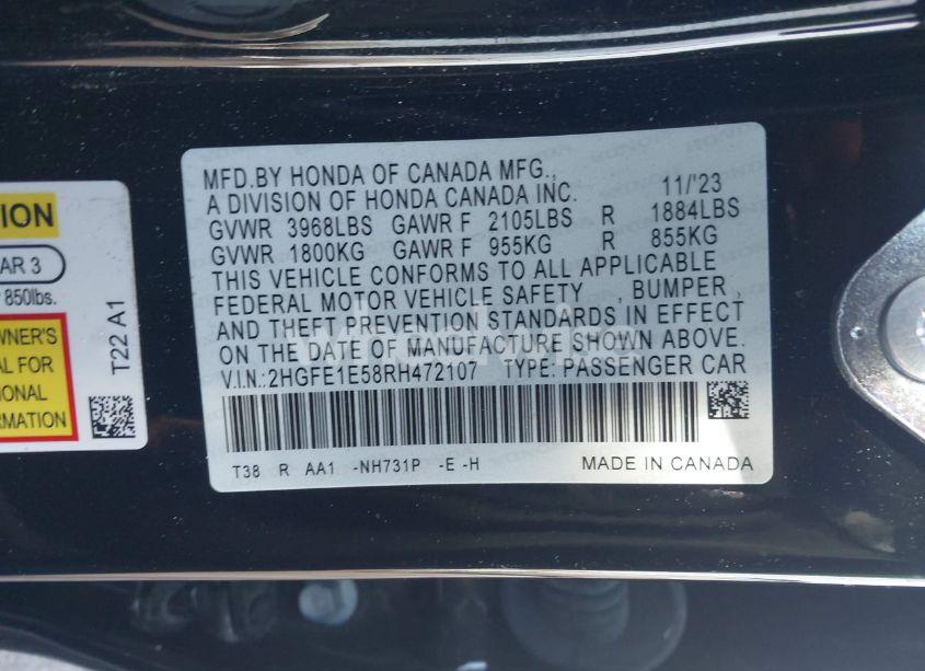 Photo 9 of 2024 Honda Civic SI SEDAN (VIN 2HGFE1E58RH472107)