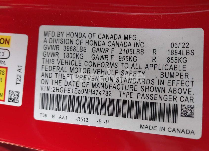 Photo 9 of 2022 Honda Civic SI SEDAN (VIN 2HGFE1E59NH474782)