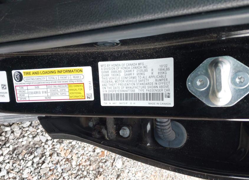 Photo 9 of 2022 Honda Civic SI SEDAN (VIN 2HGFE1E59NH477066)