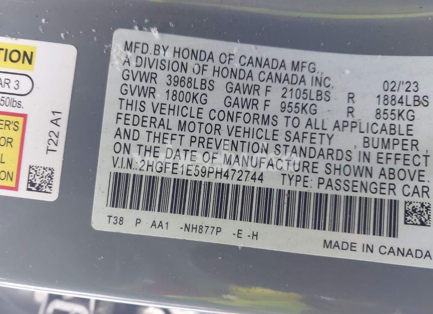 Photo 9 of 2023 Honda Civic SI SEDAN (VIN 2HGFE1E59PH472744)