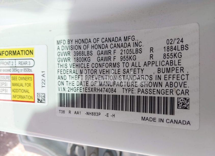 Photo 9 of 2024 Honda Civic SI SEDAN (VIN 2HGFE1E5XRH474084)