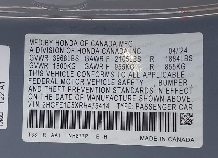 Photo 9 of 2024 Honda Civic SI SEDAN (VIN 2HGFE1E5XRH475414)