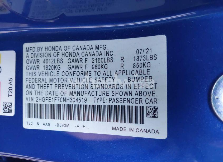 Photo 9 of 2022 Honda Civic EX (VIN 2HGFE1F70NH304519)