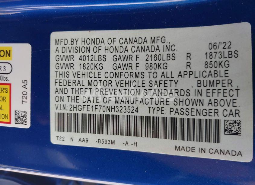 Photo 9 of 2022 Honda Civic EX (VIN 2HGFE1F70NH323524)