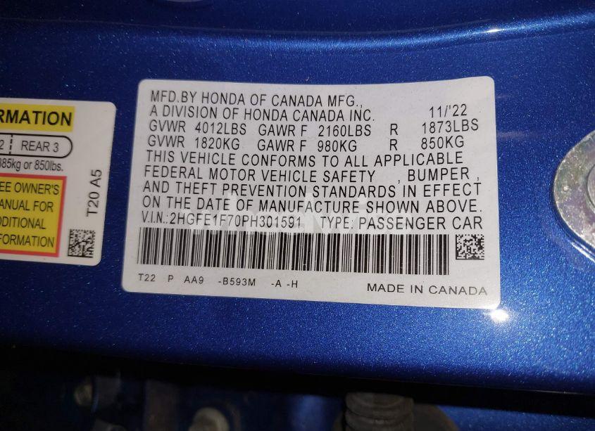 Photo 9 of 2023 Honda Civic EX /EX W/O BSI (VIN 2HGFE1F70PH301591)