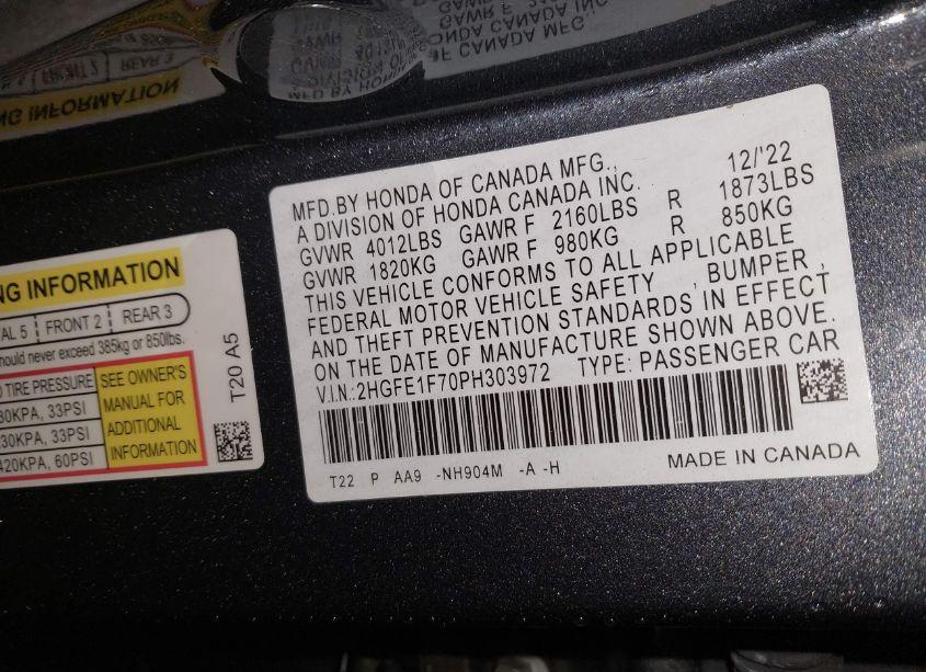Photo 9 of 2023 Honda Civic EX /EX W/O BSI (VIN 2HGFE1F70PH303972)