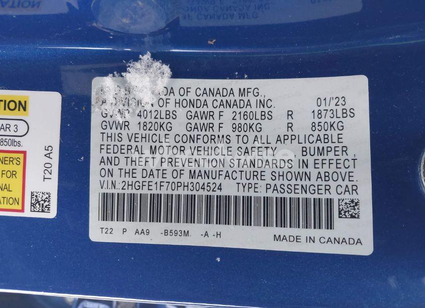 Photo 9 of 2023 Honda Civic EX /EX W/O BSI (VIN 2HGFE1F70PH304524)