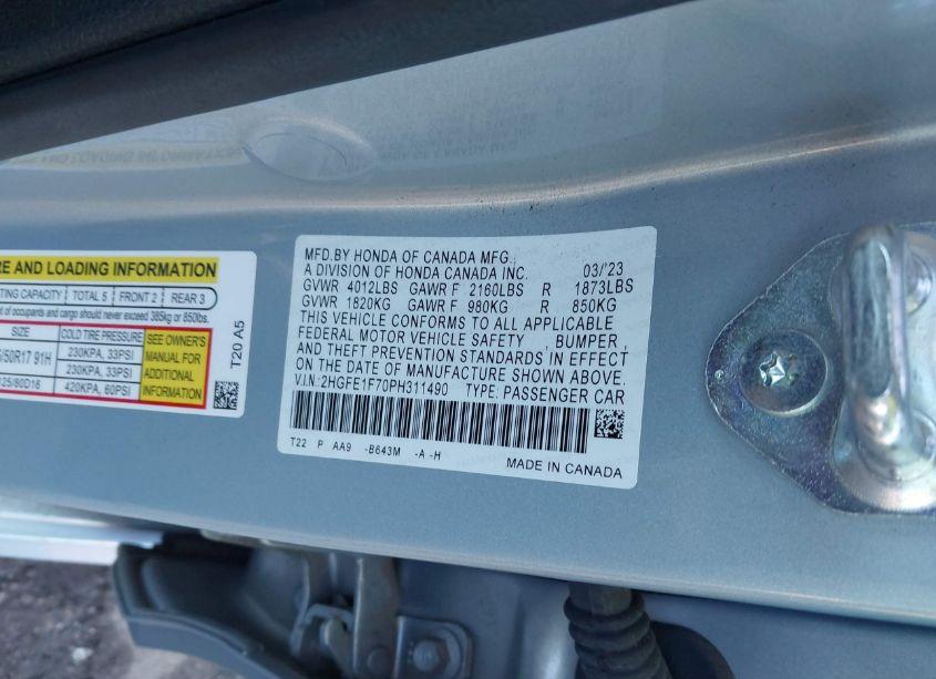 Photo 9 of 2023 Honda Civic EX /EX W/O BSI (VIN 2HGFE1F70PH311490)